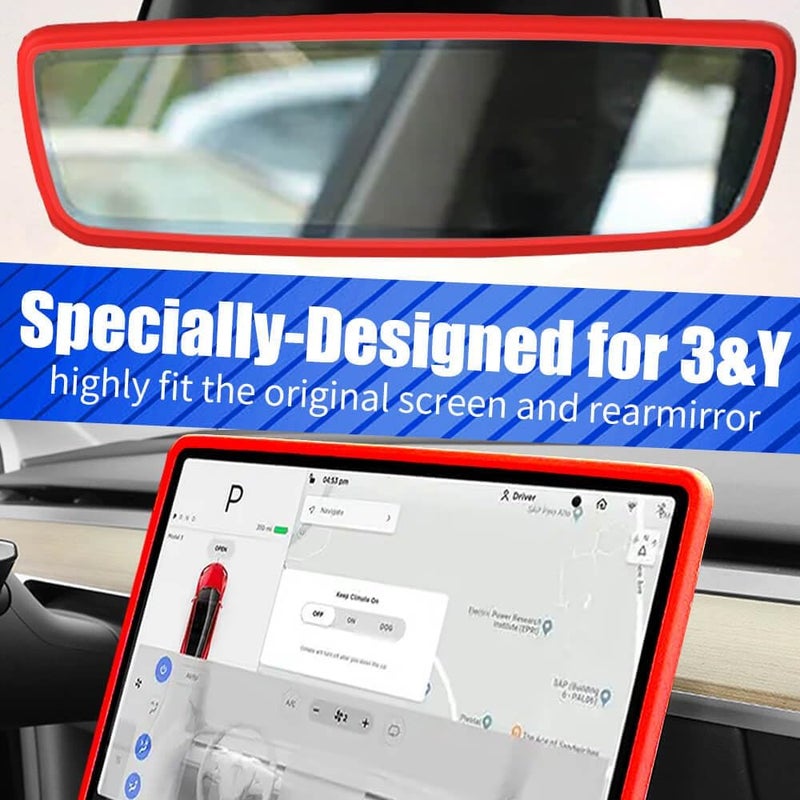Yeapop 2Pcs Silicone Protector Frames of Screen and Rear View Mirror for Tesla Model 3 2017-2023 and Model Y 2019-Feb.2025. (Red) - Image 2